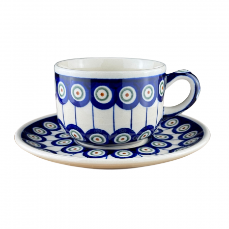 Cesti ceramica - Ceasca pentru cafea cu farfurie Peacock-Eyes, ceramica smaltuita, pictata manual, 210 ml