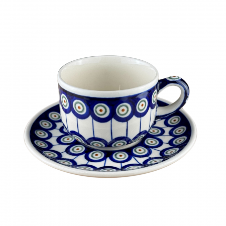 Ceasca pentru cafea cu farfurie Peacock-Eyes, ceramica smaltuita, pictata manual, 210 ml [2]