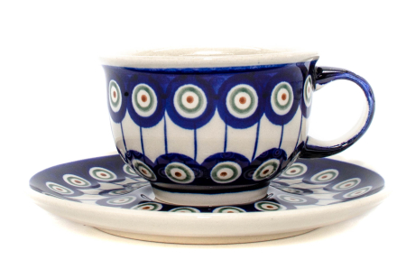 Cesti ceramica - Ceasca pentru cafea cu farfurie Peacock Eyes, ceramica smaltuita, pictata manual, 220 ml