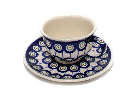 Ceasca pentru cafea cu farfurie Peacock Eyes, ceramica smaltuita, pictata manual, 220 ml [2]