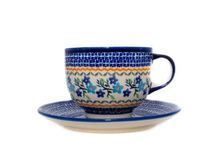 Cesti ceramica - Ceasca bol XXL cu farfurie Basket of Blue ceramica smaltuita, pictata manual, 500 ml