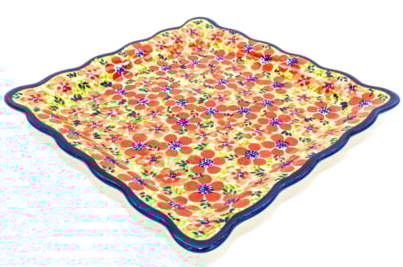 Farfurie patrata mare Fire Poppies, ceramica smaltuita, pictata manual, 23,8 x 23,8 cm