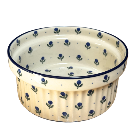 Tavi de copt - Formă pentru sufleu / vas ramekin , Blue Spring, ceramica smaltuita, pictat manual, diametru 20,5cm