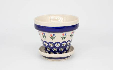 Accesorii decorative ceramica - Ghiveci cu farfurie Tulips Pair, ceramica smaltuita, pictat manual, 11,8 /2,8 x 14,0 / 11,8 cm