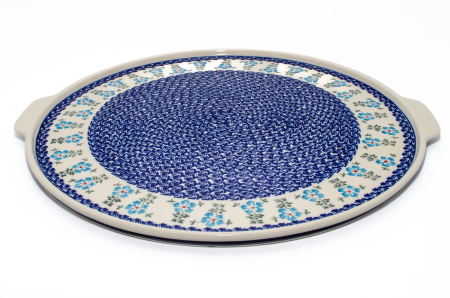 Tavi de copt - Piatra de copt pizza Forget-me-nots, ceramica smaltuita, pictata manual, diametru 40,0 x43,0 cm