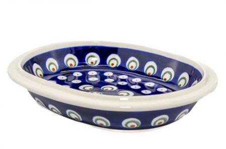 Platouri servire - Platou / bol oval pentru servire Blue Peacock Eyes, ceramica smaltuita, pictat manual, 15,0 x 18,0 cm