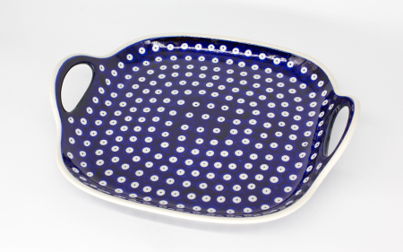 Platou dreptunghiular cu manere pentru servire Blue Eyes, ceramica smaltuita, pictat manual, 31,0 x 26,5 cm [0]