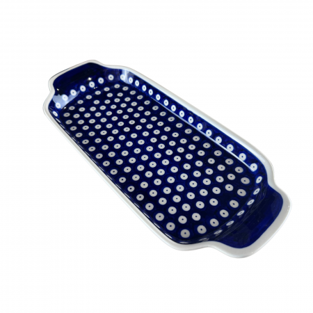 Platou dreptunghiular pentru servire Blue Eyes, ceramica smaltuita, pictat manual, 14,8 x 33,4 cm