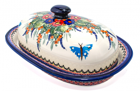 Colectii Artistice - Platou oval cu capac pentru servire Poppy Fountain, ceramica smaltuita, pictat manual, 13,5 x 39,5 cm