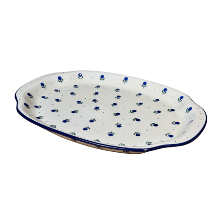 Colectia Blue Spring - Platou oval, lung, cu manere pentru servire Blue Spring, ceramica smaltuita, pictat manual, 27,0 x 39,0 cm