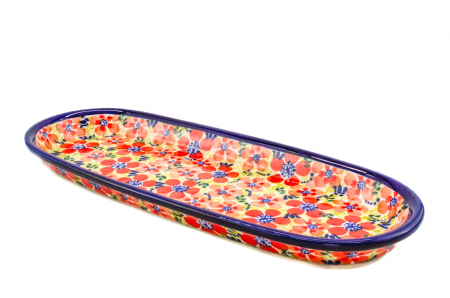 Platou oval pentru servire Fire Poppies ceramica smaltuita, pictat manual, 11,1 x 28,3 cm