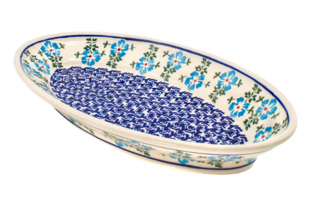 Platou oval pentru servire Forget-me-nots, ceramica smaltuita, pictat manual, 15,7 x 27,0 cm [0]