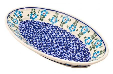 Platou oval pentru servire Forget-me-nots, ceramica smaltuita, pictat manual, 15,7 x 27,0 cm [3]