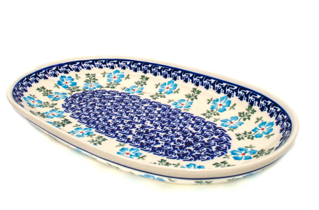 Platouri servire - Platou oval pentru servire Forget-me-nots, ceramica smaltuita, pictat manual, 16,8 x 27,3 cm