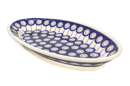 Platou oval pentru servire Peacock Eyes, ceramica smaltuita, pictat manual, 15,7 x 27,0 cm