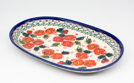 Reduceri - Platou oval pentru servire Roses, ceramica smaltuita, pictat manual, 16,8 x 27, 3 cm
