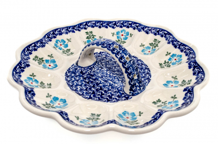 Platou cu maner pentru oua Forget-me-nots, ceramica smaltuita, pictat manual, 24,0 cm [1]