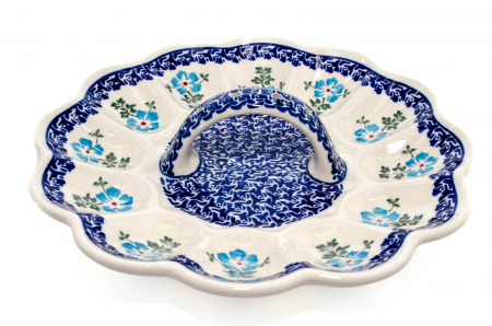 Platou cu maner pentru oua Forget-me-nots, ceramica smaltuita, pictat manual, 24,0 cm [0]