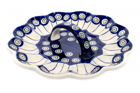 Platou cu maner pentru oua Peacock Eyes, ceramica smaltuita, pictat manual, 24,0 cm [1]