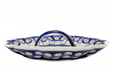 Platou cu maner pentru oua Peacock Eyes, ceramica smaltuita, pictat manual, 24,0 cm [3]