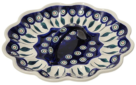 Platou cu maner pentru oua Peacock Tear Drops, ceramica smaltuita, pictat manual, 24,0 cm [0]