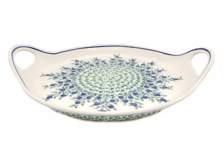 Platou rotund cu manere pentru servire Berries, ceramica smaltuita, pictat manual, 28,5 / 33,0 cm