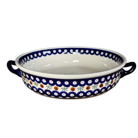 Platou rotund cu manere pentru servire Blue Eyes Festive, ceramica smaltuita, pictat manual, 31,5 x 6,7 cm, volum 1,7 L