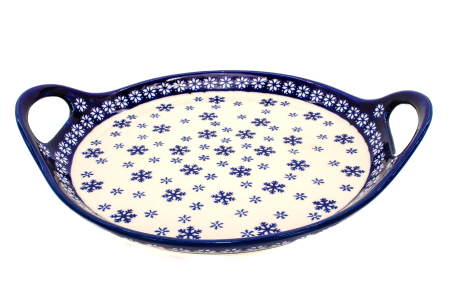 Platou rotund cu manere pentru servire Snowflakes, ceramica smaltuita, pictat manual, 28,5 / 33,0 cm