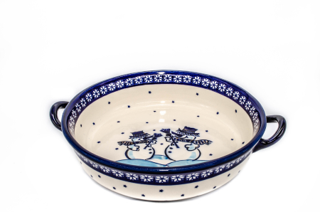 Platou rotund cu manere pentru servire Snowman Pair, ceramica smaltuita, pictat manual, 31,5 x 6,7 cm, volum 1,7 L [1]