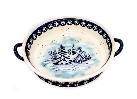 Platou rotund cu manere pentru servire Winter Chapel, ceramica smaltuita, pictat manual, 31,5 x 6,7 cm, volum 1,7 L [0]