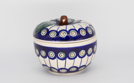 Accesorii decorative ceramica - Recipient cu capac in forma de mar Peacock Eyes, ceramica smaltuita, pictat manual, 12,1 x 12,5cm