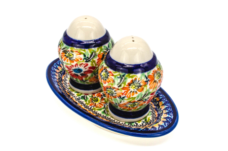 Set 2 recipiente sare si piper cu tava Flower Jungle, ceramica smaltuita, pictata manual, 5,4/10,4 x 18,4 cm [0]