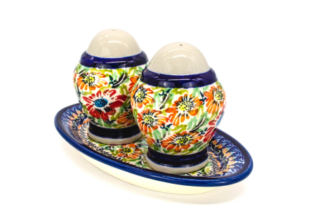 Set 2 recipiente sare si piper cu tava Flower Jungle, ceramica smaltuita, pictata manual, 5,4/10,4 x 18,4 cm [2]