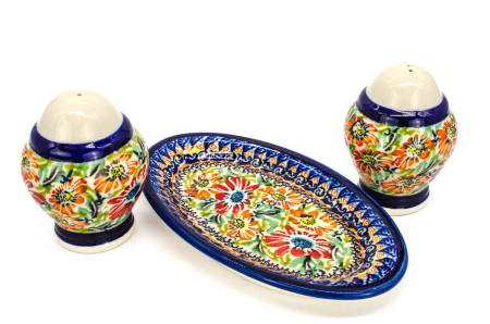 Set 2 recipiente sare si piper cu tava Flower Jungle, ceramica smaltuita, pictata manual, 5,4/10,4 x 18,4 cm [3]