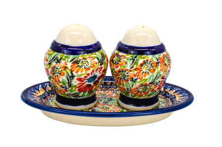 Set 2 recipiente sare si piper cu tava Flower Jungle, ceramica smaltuita, pictata manual, 5,4/10,4 x 18,4 cm [1]