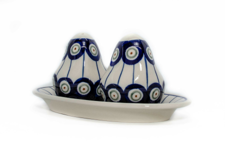 Set 2 recipiente sare si piper cu tava Peacock Eyes, ceramica smaltuita, pictata manual, 6,4/18,4 x 10,4 cm [2]
