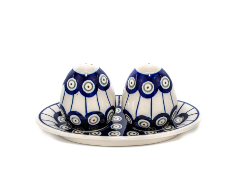 Set 2 recipiente sare si piper cu tava Peacock Eyes, ceramica smaltuita, pictata manual, 6,4/18,4 x 10,4 cm [1]