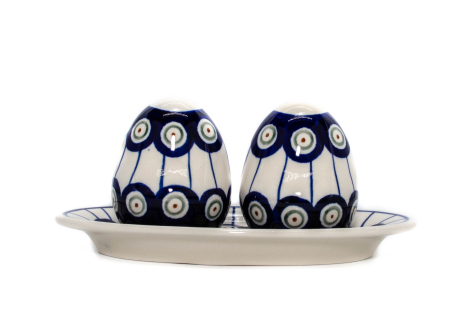 Set 2 recipiente sare si piper cu tava Peacock Eyes, ceramica smaltuita, pictata manual, 6,4/18,4 x 10,4 cm [3]