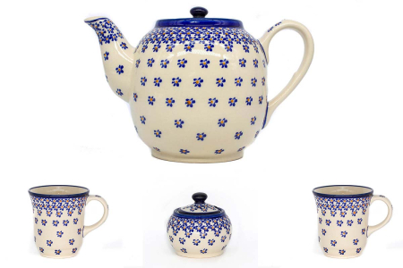 Set cafea /ceai pentru 2 persoane Blue Field, ceainic+2 cani+recipient zahar, ceramica poloneza, pictata manual [0]