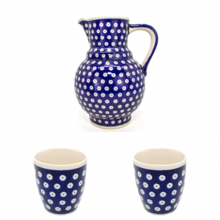 Carafe ceramica - Set carafa+ 2 pahare, Colectia Blue Eyes, ceramica smaltuita, pictata manual