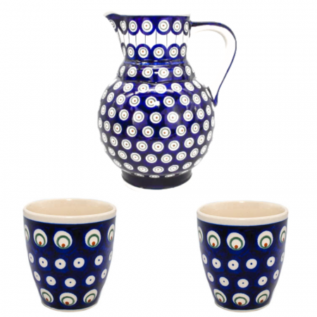 Seturi cadou - Set carafa + 2 pahare, Peacock Eyes, ceramica smaltuita, pictata manual