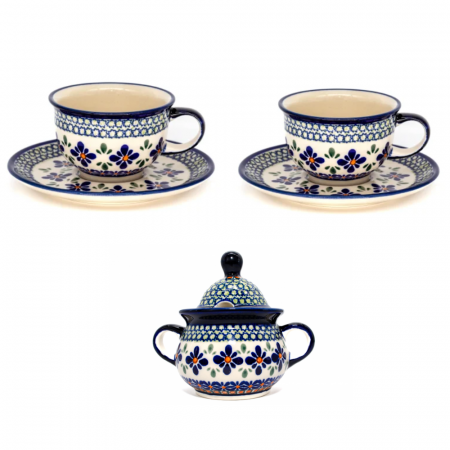 Recipient zahar - Set ceai / cafea Joy, doua cesti cu farfurie si zaharnita, ceramica pictata manual