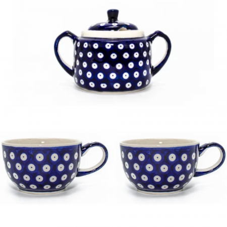 Recipient zahar - Set ceai / cafea, zaharnita si  doua cesti  Blue Eyes , ceramica pictata manual