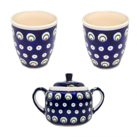 Recipient zahar - Set ceai , doua pahare si zaharnita, Blue Peacock Eyes, ceramica pictata manual