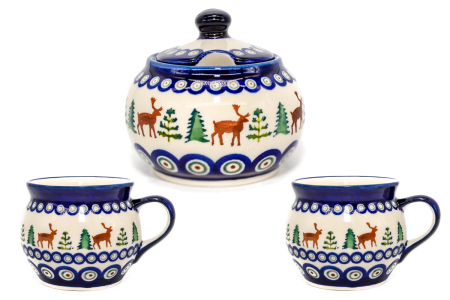 Set ceai pentru Craciun 2 persoane Reindeer, 2 cani  "balon"+zaharnita, ceramica poloneza pictata manual [0]