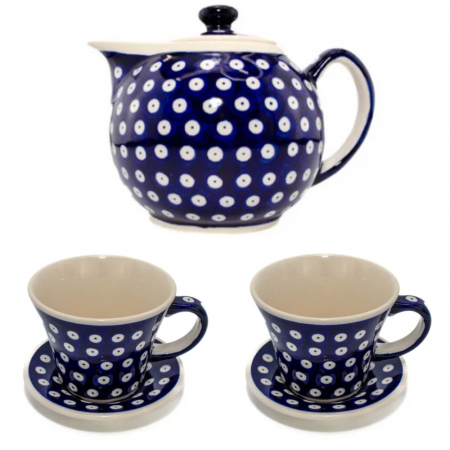 Cesti ceramica - Set ceai, ceainic si doua cesti cu farfurie Blue Eyes , ceramica pictata manual