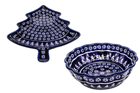 Set de servire pentru Craciun, Christmas Night, un platou servire in forma de "brad" si un bol , ceramica poloneza pictata manual [0]