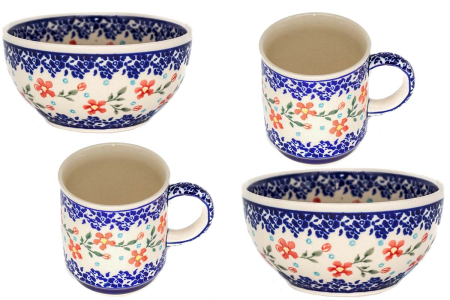 Set mic dejun pentru 2 persoane Floral Heaven, 2 boluri si 2 cani cafea/ceai, ceramica poloneza pictata manual [0]