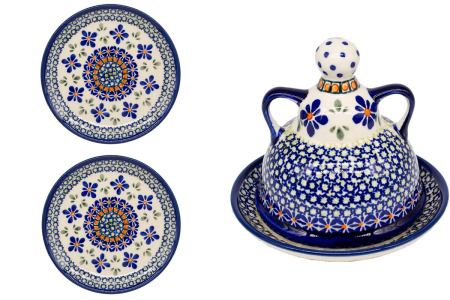 Set mic dejun pentru 2 persoane Joy, untiera cu capac si 2 farfurii mic dejun, ceramica poloneza pictata manual [0]