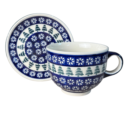 Seturi cadou - Set mic dejun pentru o persoana, cana XXL ceai / cicolata calda / cereale cu lapte / vin fiert, 500 ml  + farfurie  Christmas Tree, ceramica smaltuita, pictata manual